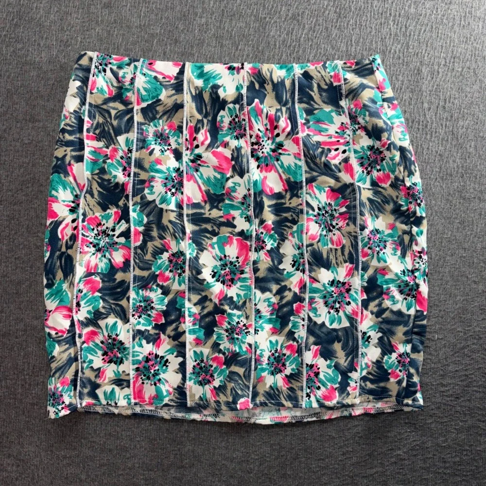 Love Riche Floral Mini Skirt Pink Teal Bodycon Exposed Back Zipper Size M